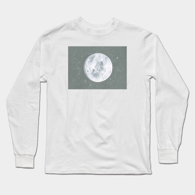 Moon on Grey Background Gouache Painting Long Sleeve T-Shirt by Danica Templeton Art